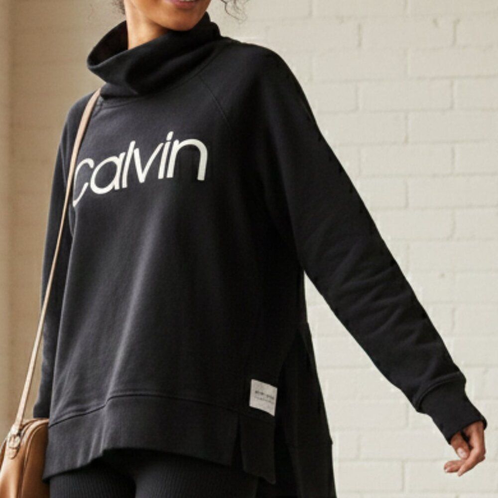 Mock Neck Raglan Logo Pullover Calvin Klein Performance Black Fleece Size M Medi